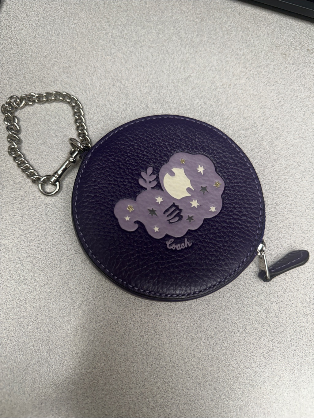 Coach Virgo Purple Round Leather Coin Pouch With Moon & Stars